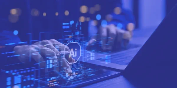 Hands working on a laptop with an AI interface overlay