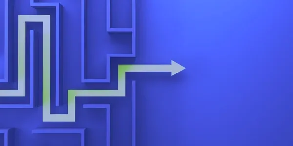 An arrow finding a clear path through a blue maze
