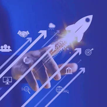 Rocket launching over rising growth arrows